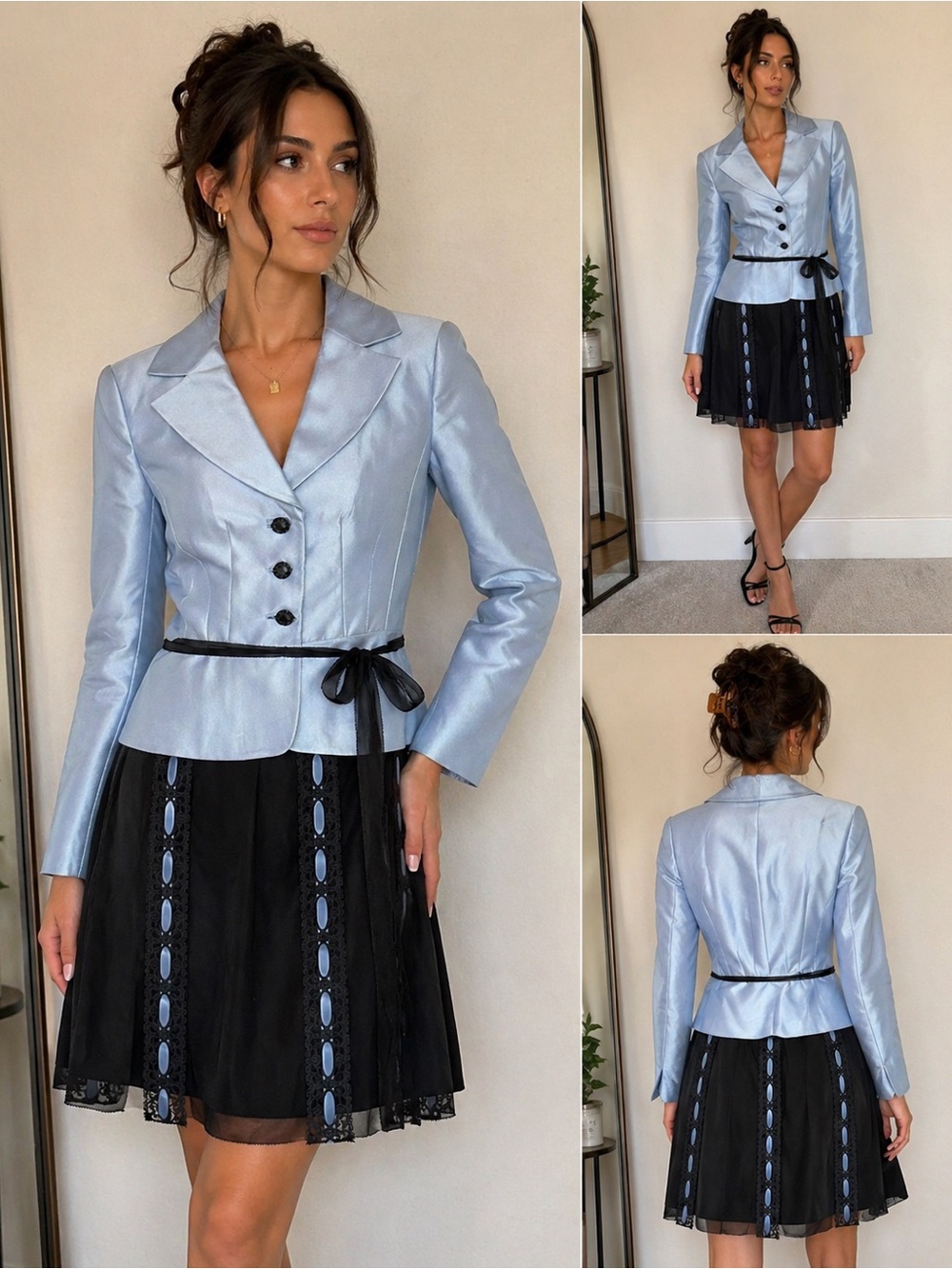 Y2K Kay Unger New York Baby Blue Black Lace 2 Piece Skirt Suit Set Sz 6 Vintage